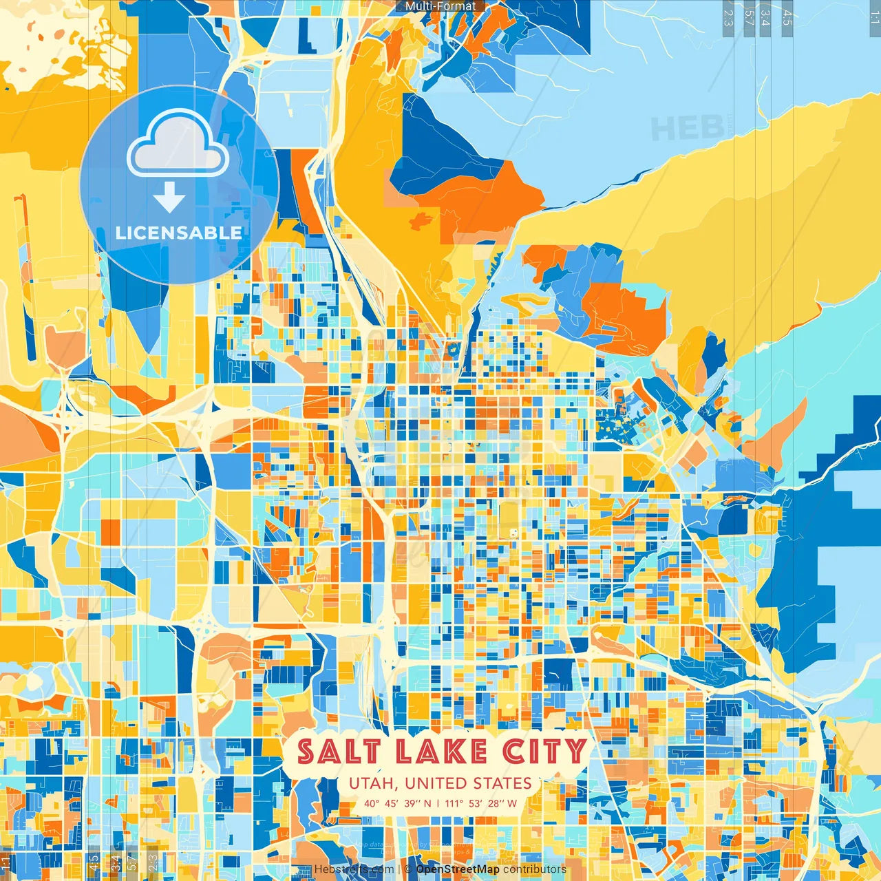 Salt Lake City, Utah, United States blue and orange vector art map template