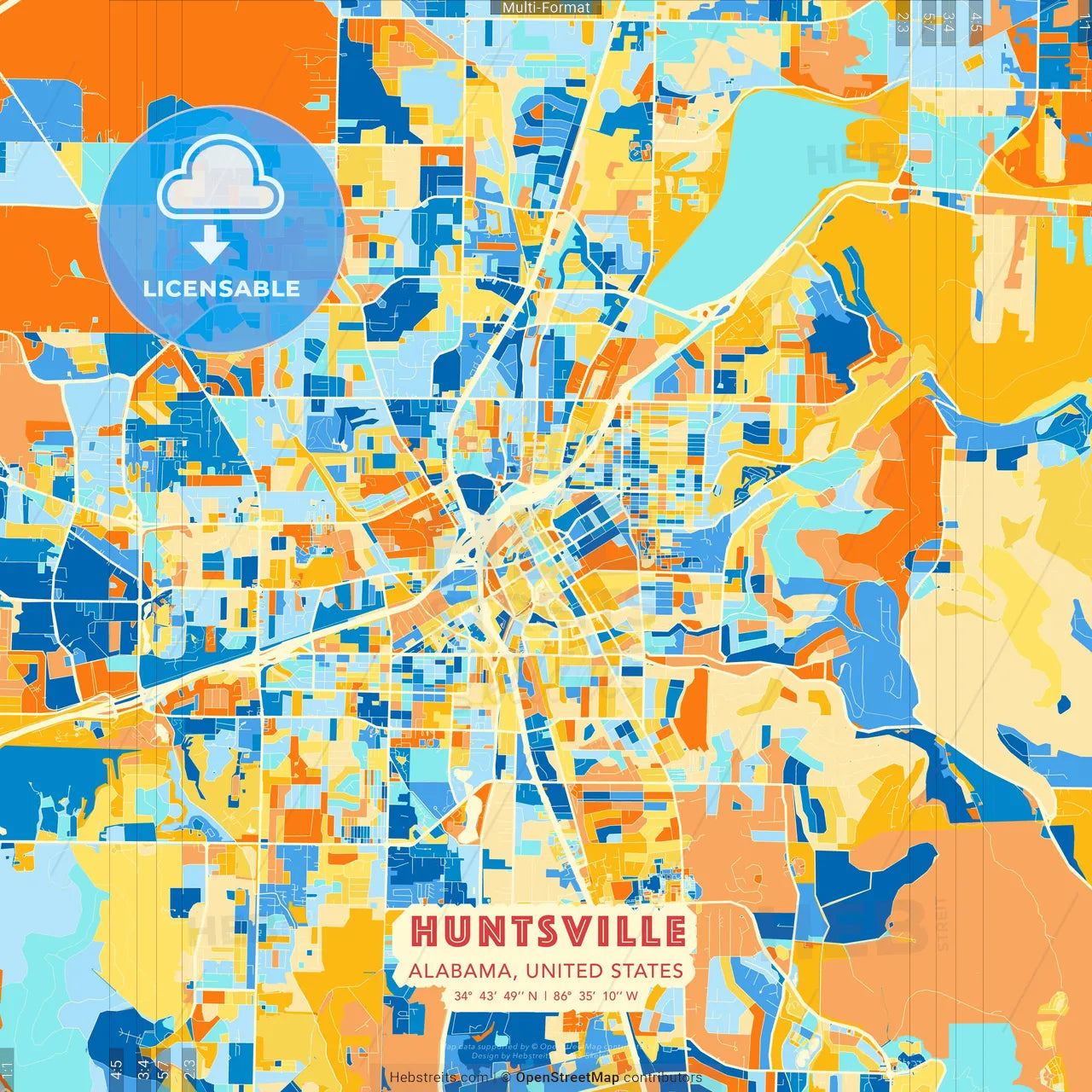 Huntsville, Alabama, United States blue and orange vector art map template