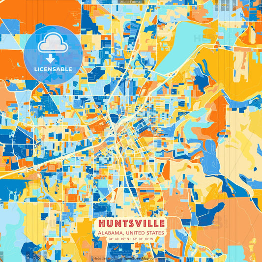 Huntsville, Alabama, United States blue and orange vector art map template