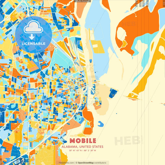 Mobile, Alabama, United States blue and orange vector art map template