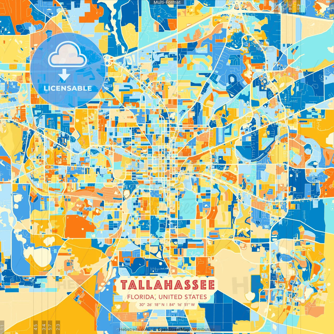 Tallahassee, Florida, United States blue and orange vector art map template