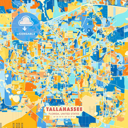 Tallahassee, Florida, United States blue and orange vector art map template