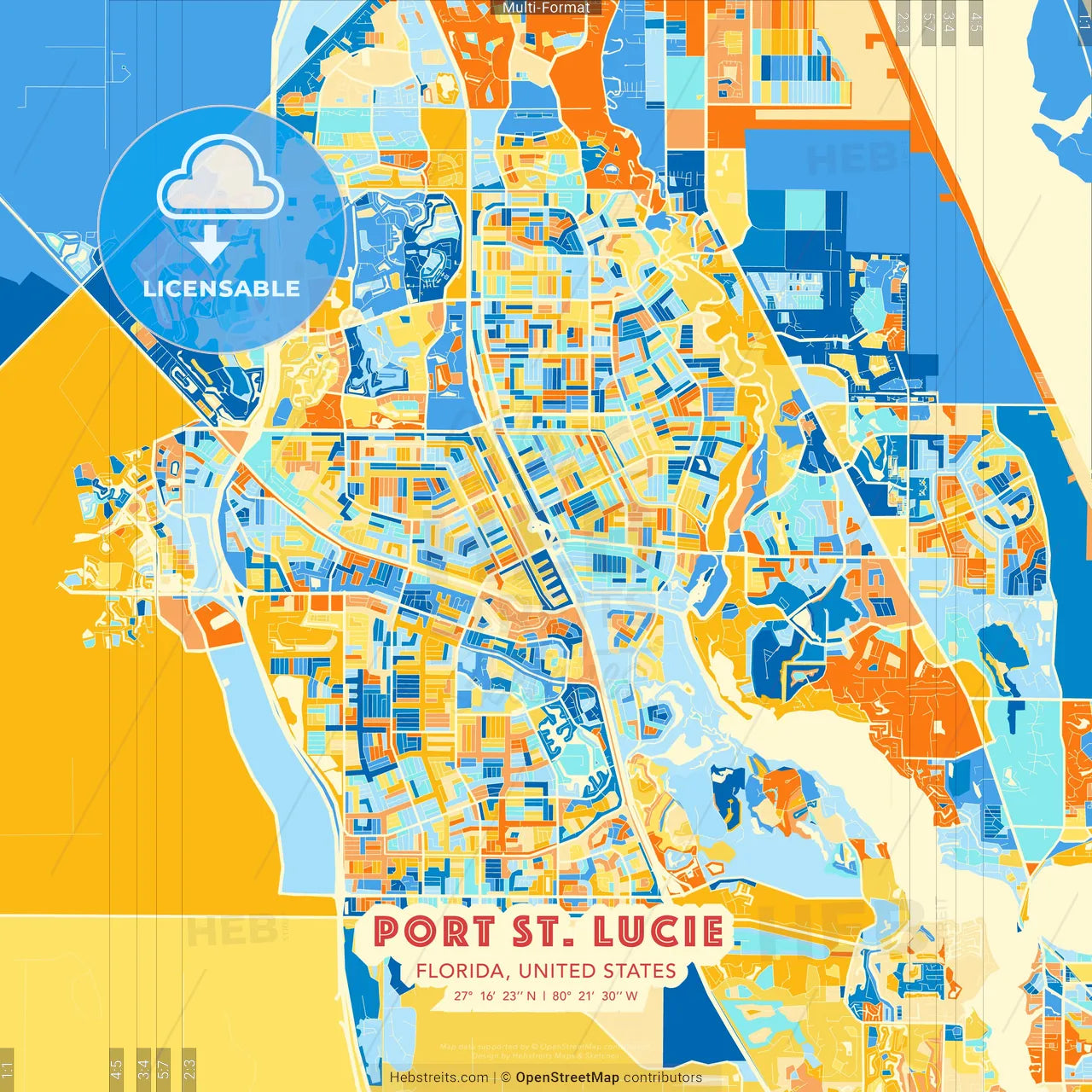 Port St. Lucie, Florida, United States blue and orange vector art map template