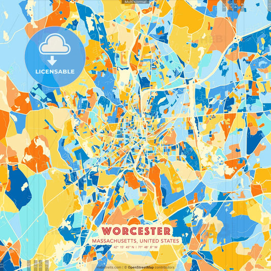 Worcester, Massachusetts, United States blue and orange vector art map template