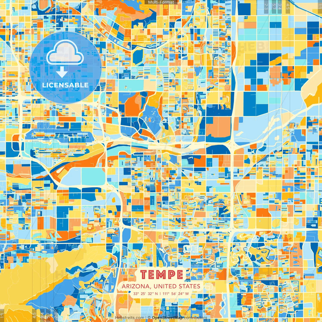 Tempe, Arizona, United States blue and orange vector art map template