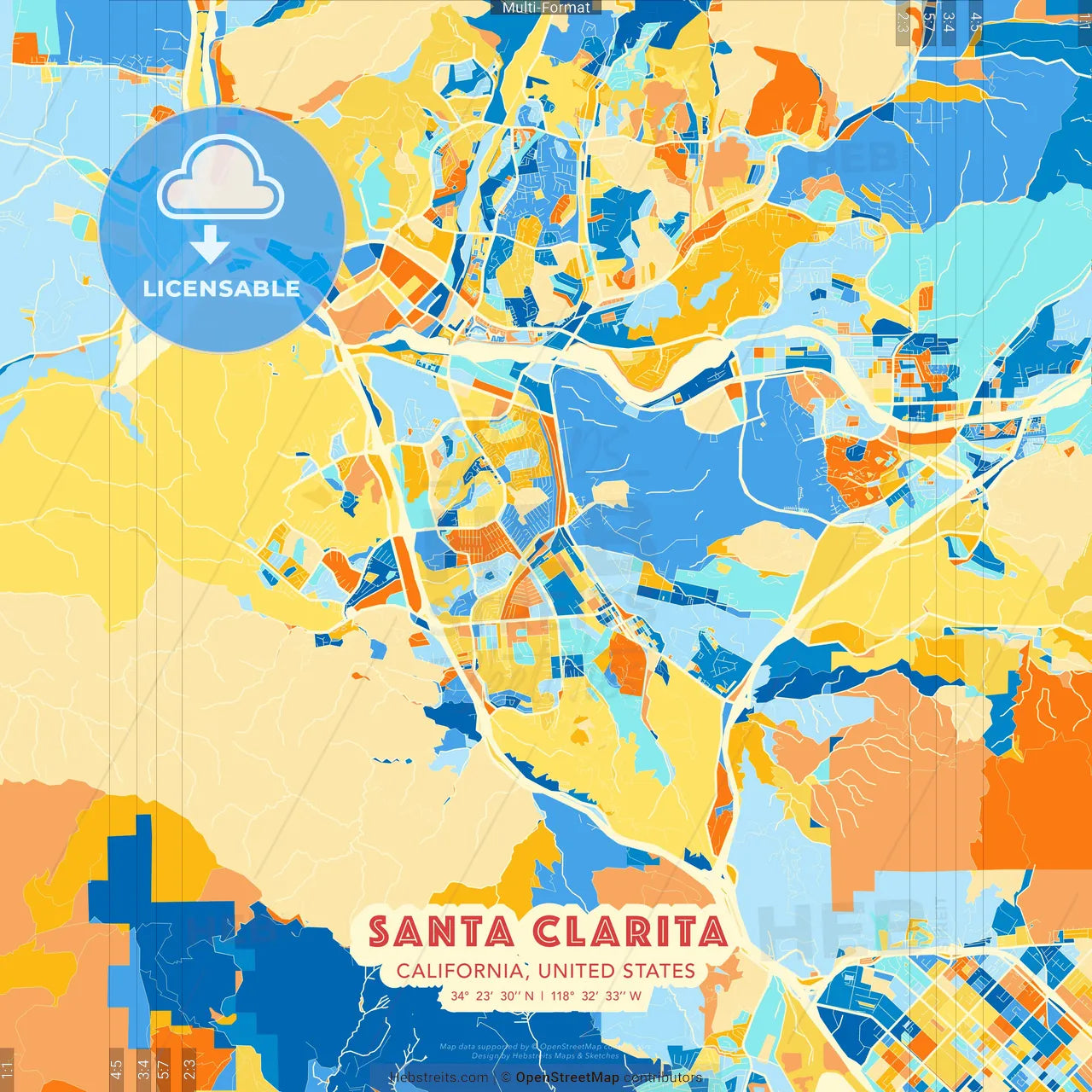 Santa Clarita, California, United States blue and orange vector art map template