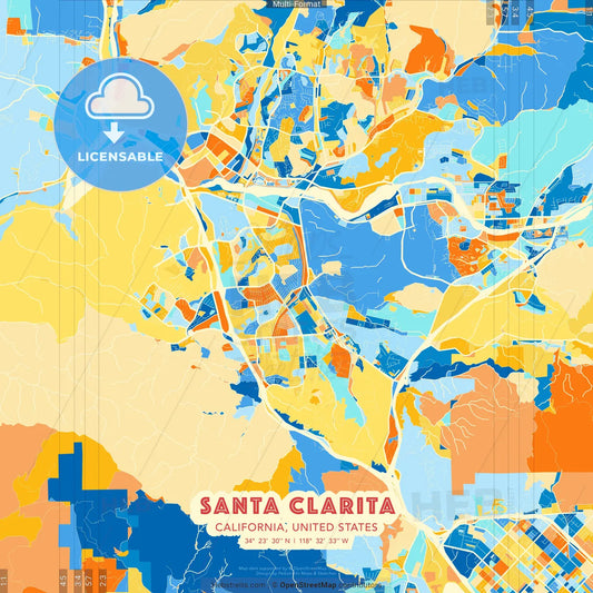 Santa Clarita, California, United States blue and orange vector art map template