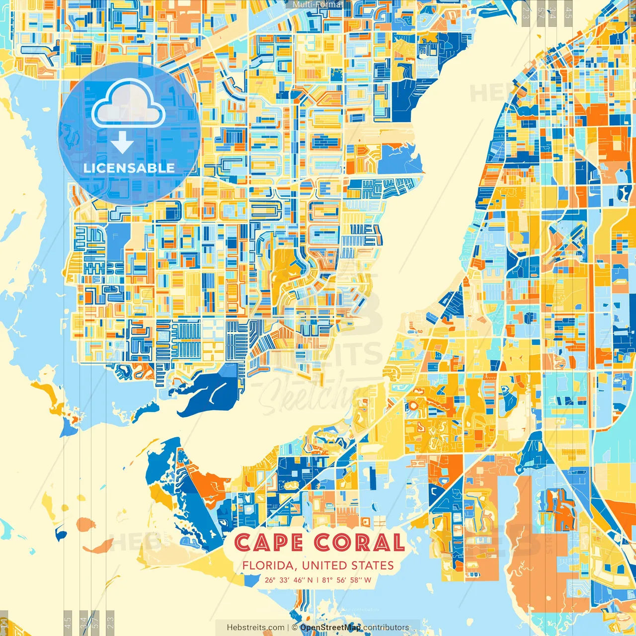 Cape Coral, Florida, United States blue and orange vector art map template