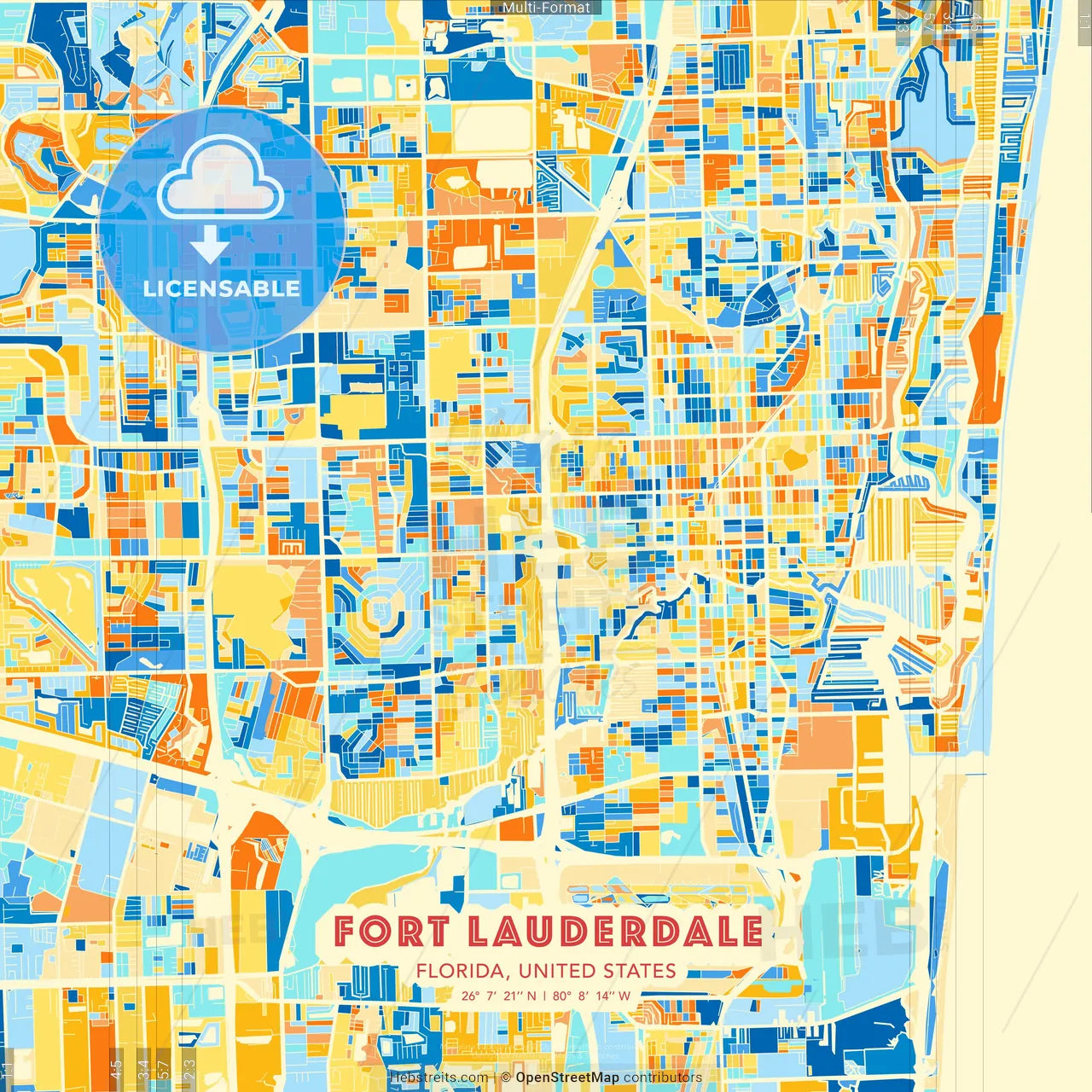 Fort Lauderdale, Florida, United States blue and orange vector art map template