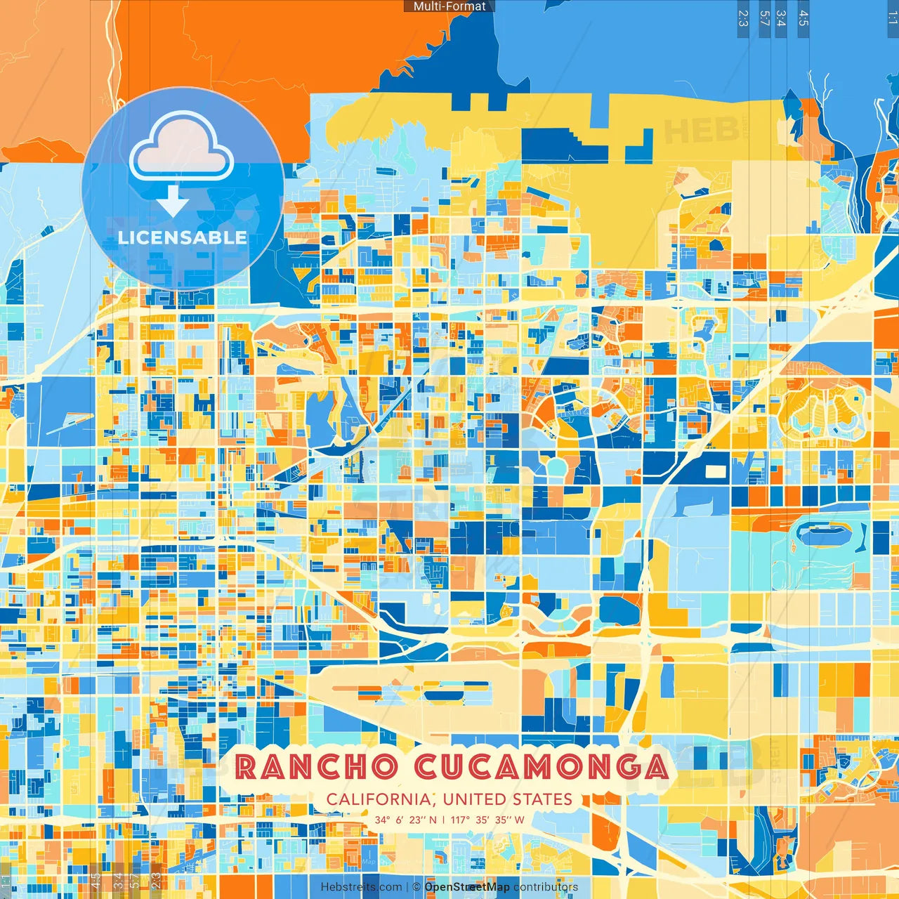 Rancho Cucamonga, California, United States blue and orange vector art map template