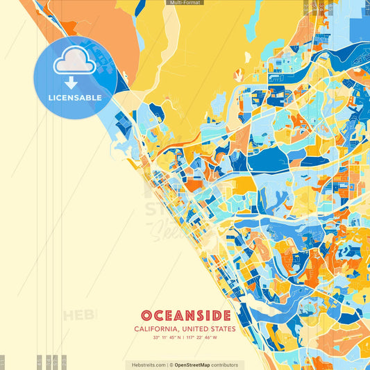 Oceanside, California, United States blue and orange vector art map template