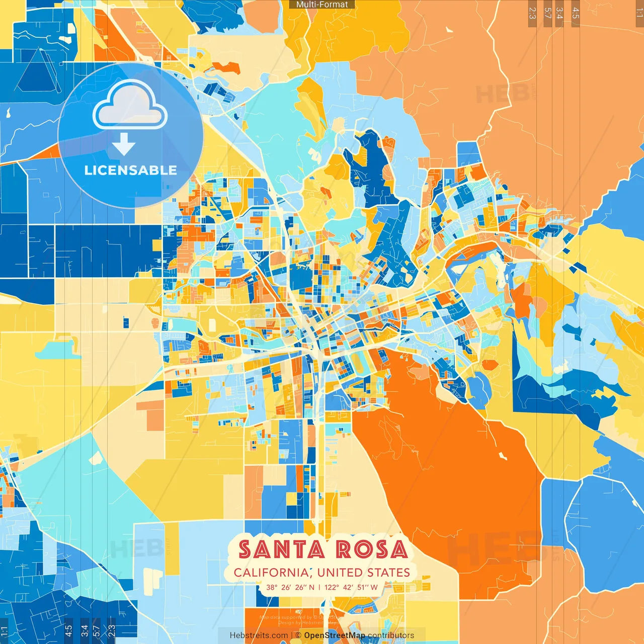 Santa Rosa, California, United States blue and orange vector art map template