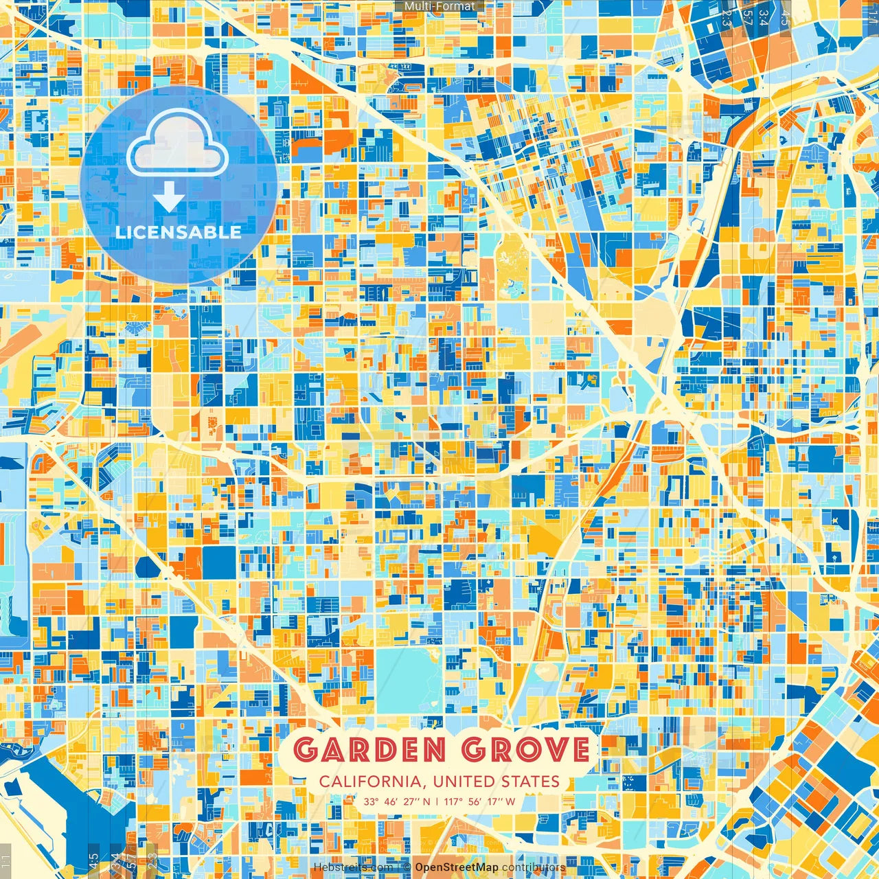 Garden Grove, California, United States blue and orange vector art map template