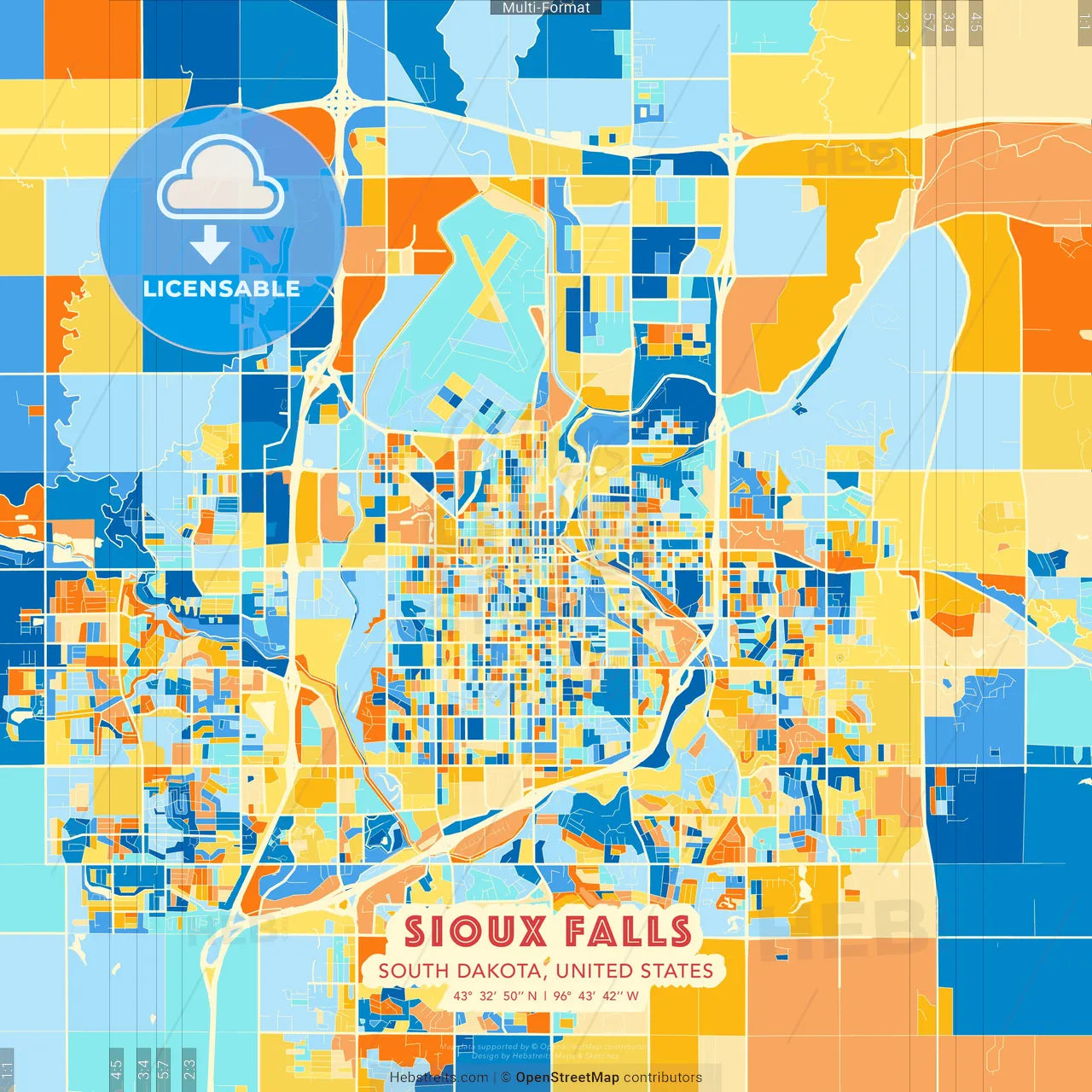 Sioux Falls, South Dakota, United States blue and orange vector art map template
