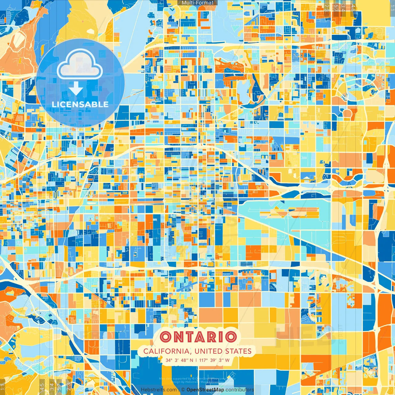 Ontario, California, United States blue and orange vector art map template
