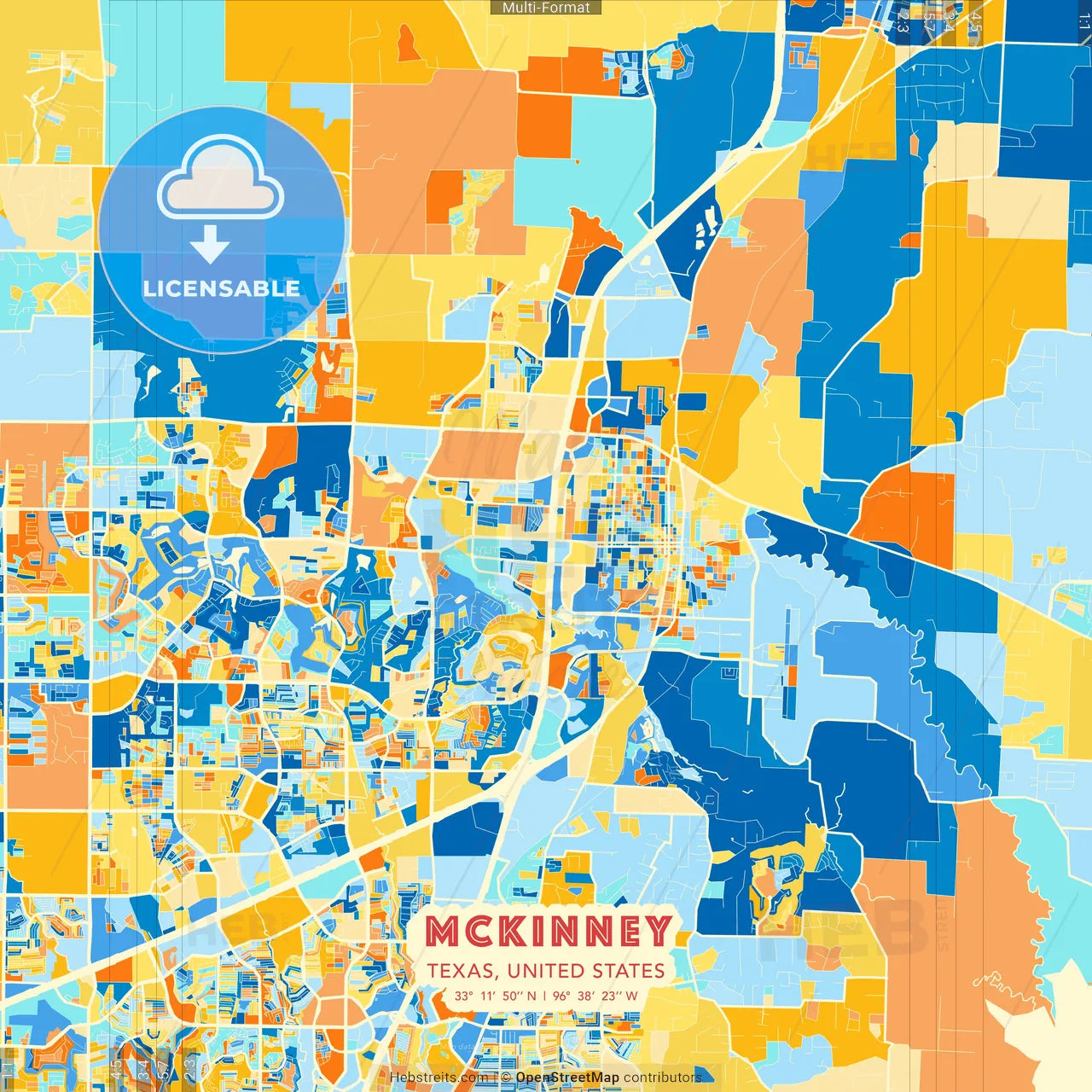 McKinney, Texas, United States blue and orange vector art map template