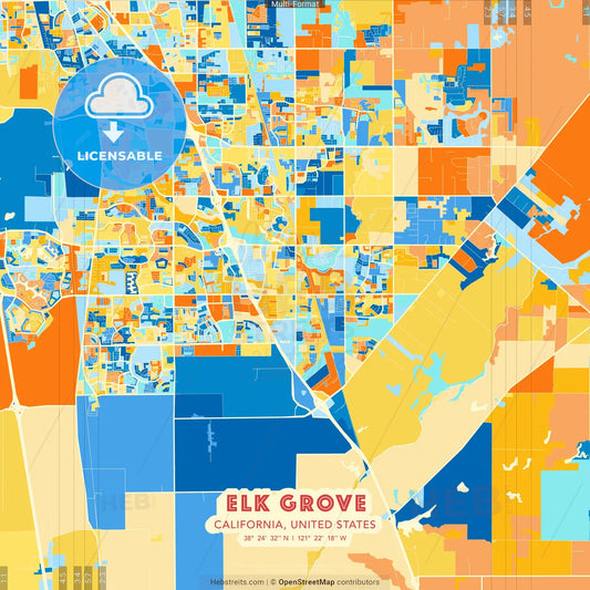 Elk Grove, California, United States blue and orange vector art map template