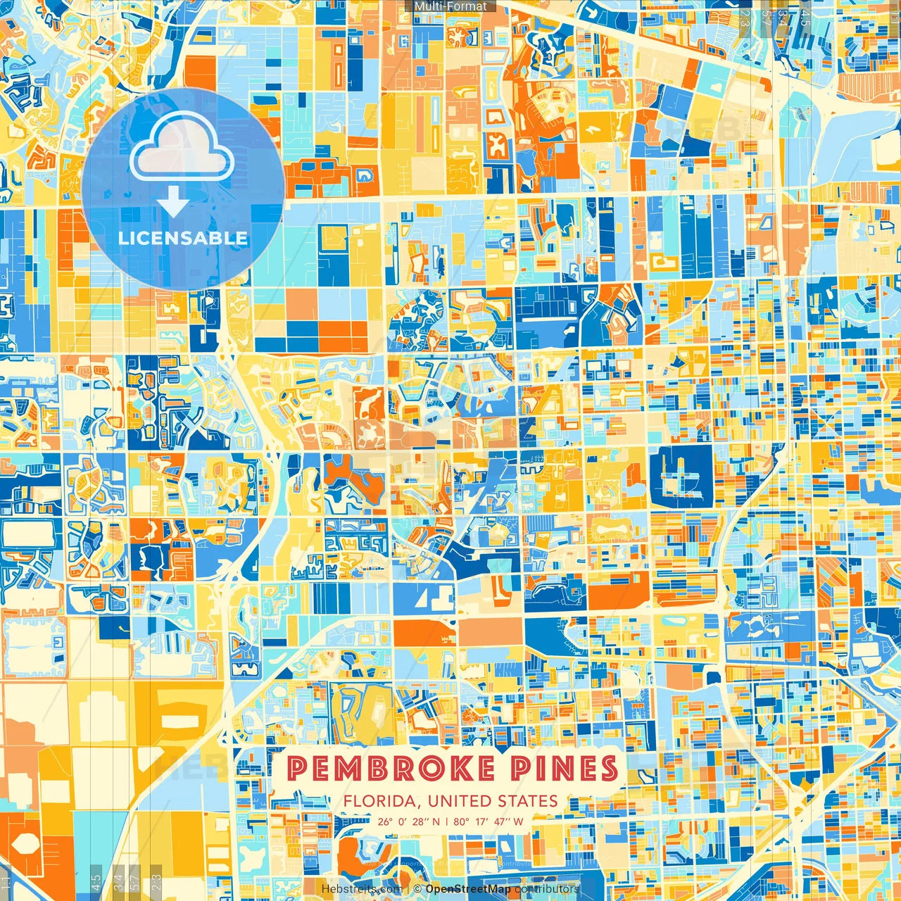 Pembroke Pines, Florida, United States blue and orange vector art map template