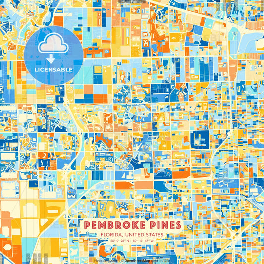 Pembroke Pines, Florida, United States blue and orange vector art map template