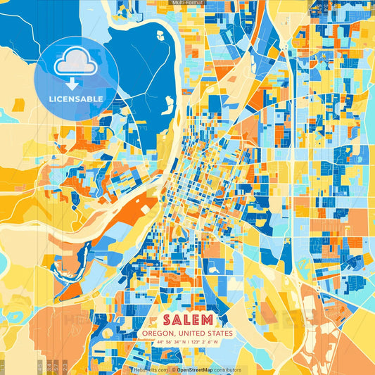Salem, Oregon, United States blue and orange vector art map template