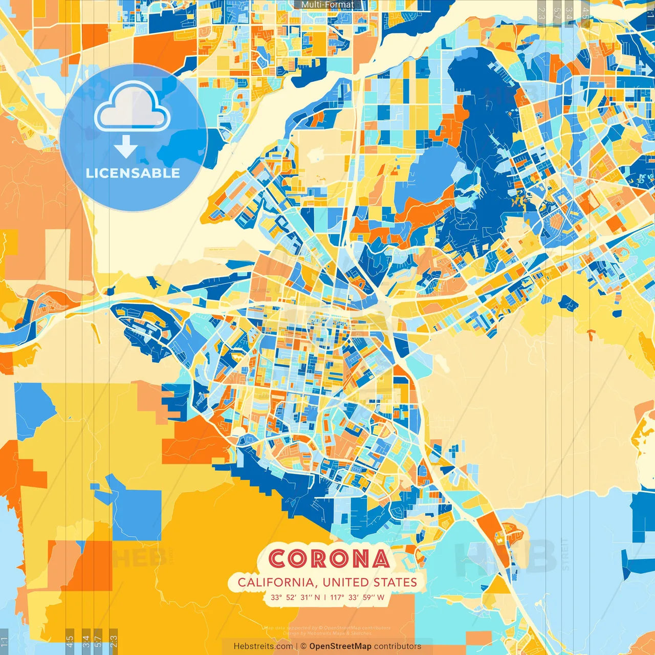 Corona, California, United States blue and orange vector art map template
