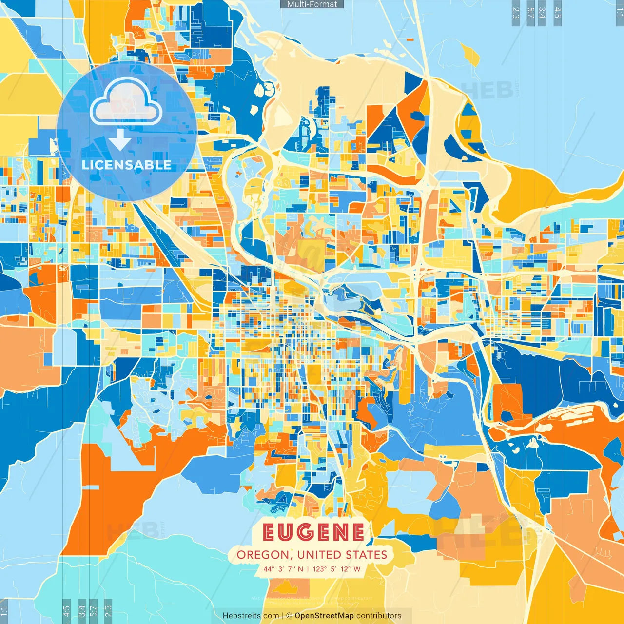 Eugene, Oregon, United States blue and orange vector art map template