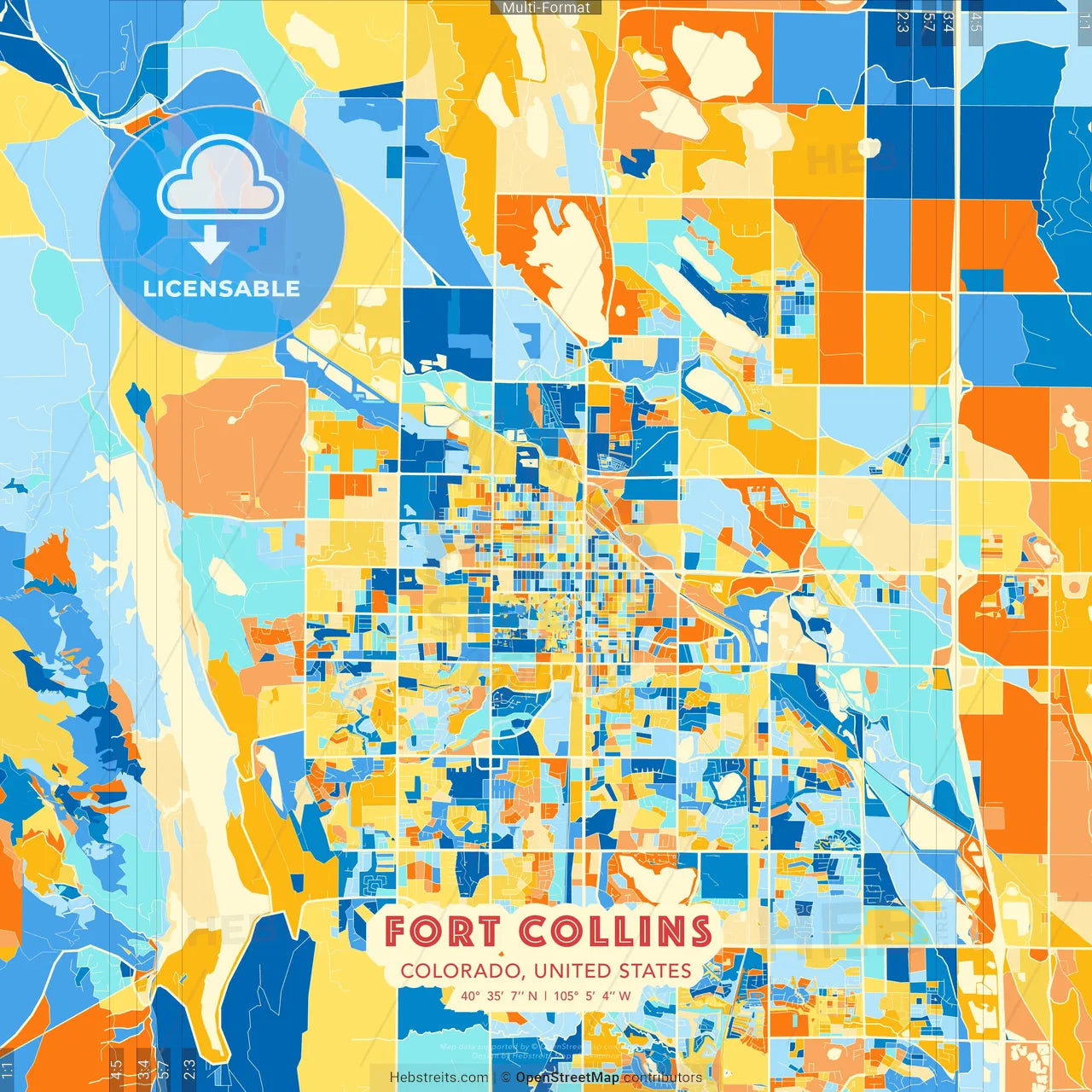 Fort Collins, Colorado, United States blue and orange vector art map template