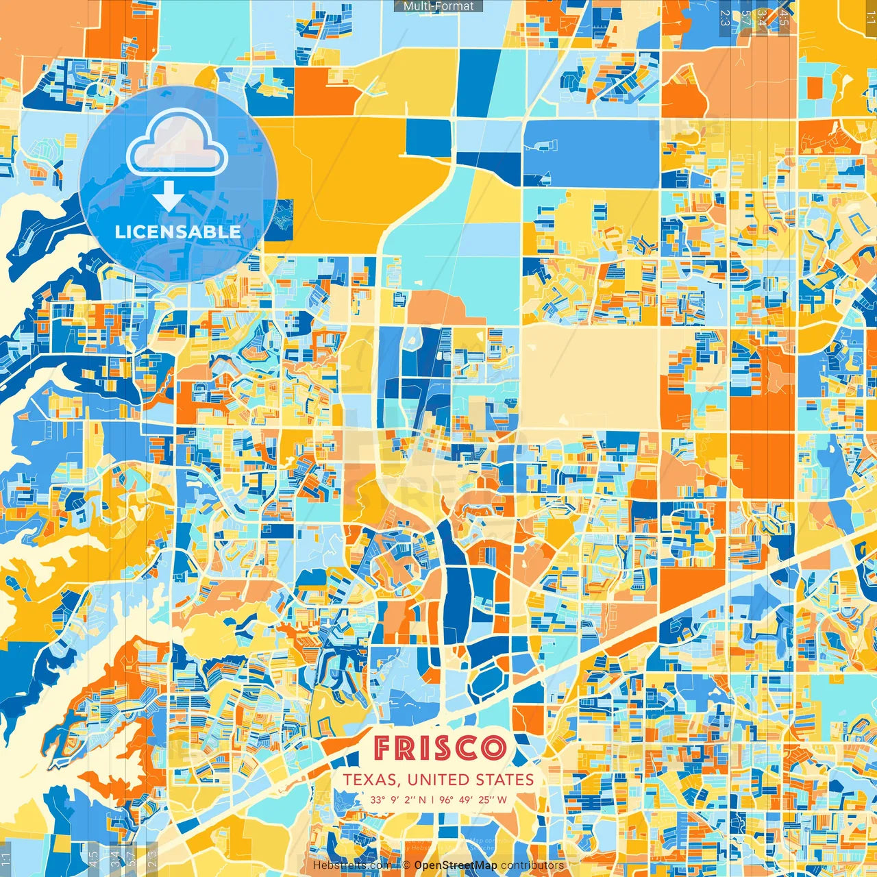 Frisco, Texas, United States blue and orange vector art map template