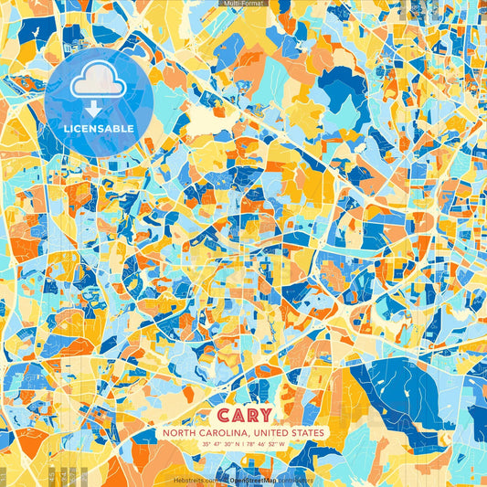 Cary, North Carolina, United States blue and orange vector art map template