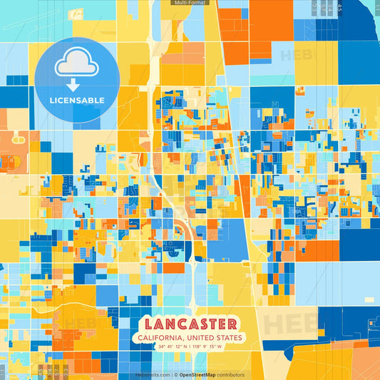Lancaster, California, United States blue and orange vector art map template