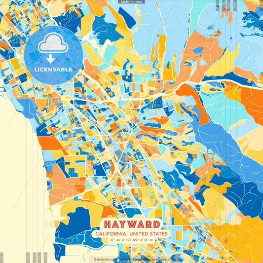 Hayward, California, United States blue and orange vector art map template