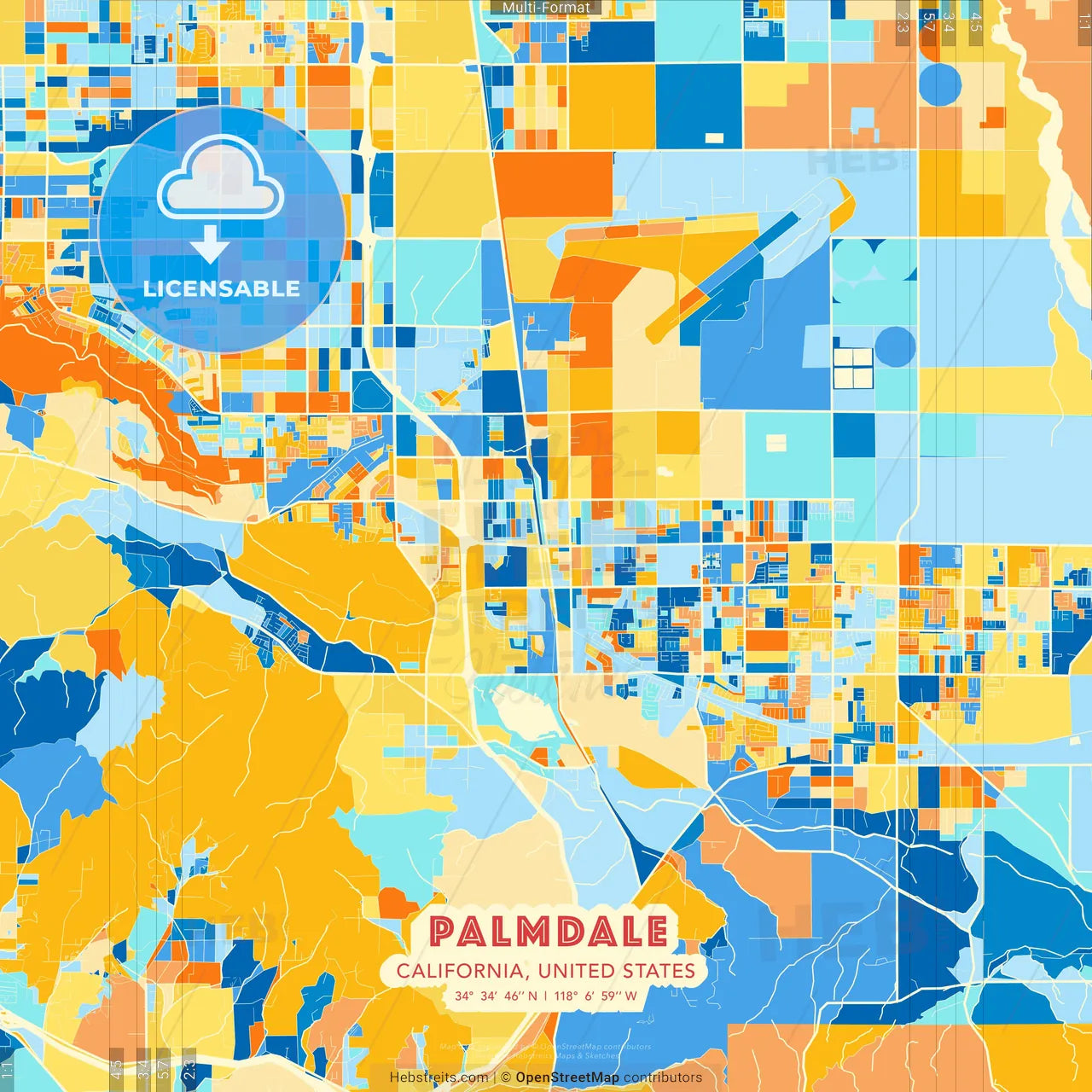 Palmdale, California, United States blue and orange vector art map template