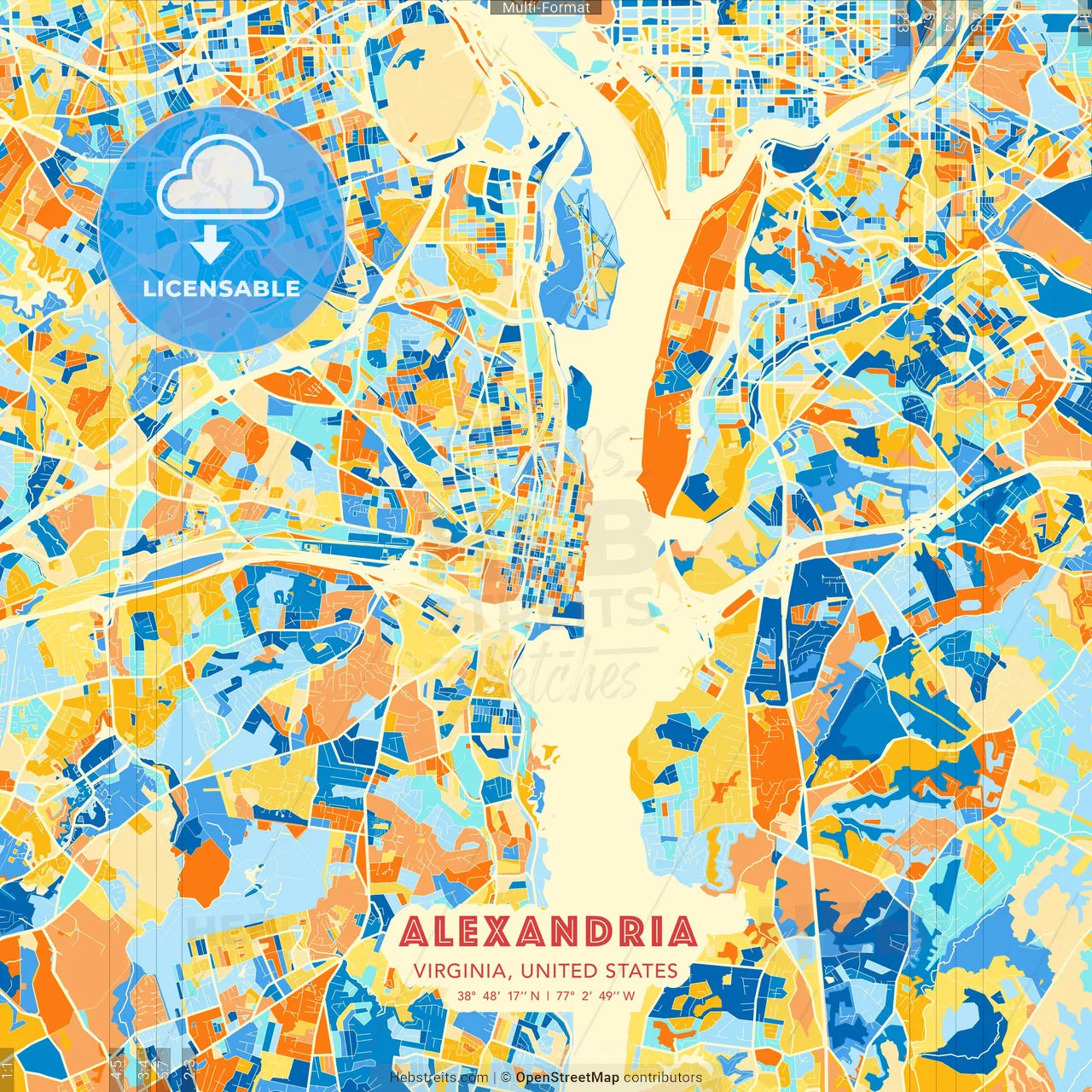 Alexandria, Virginia, United States blue and orange vector art map template