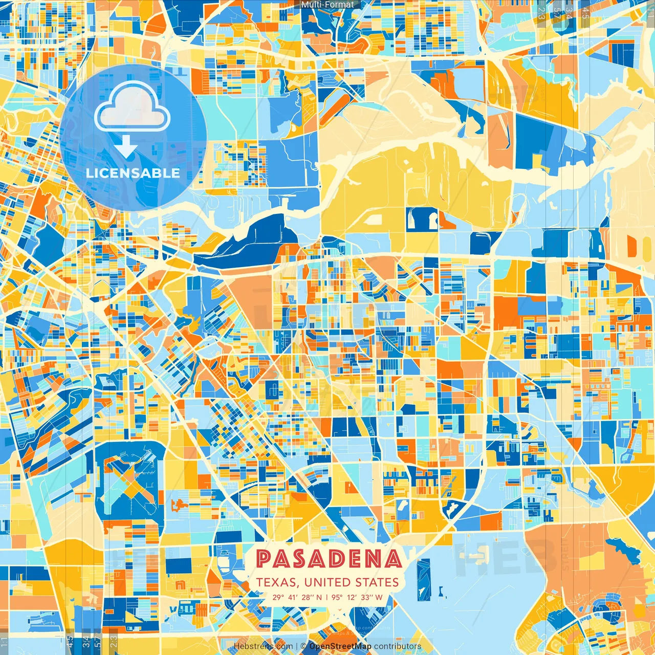 Pasadena, Texas, United States blue and orange vector art map template