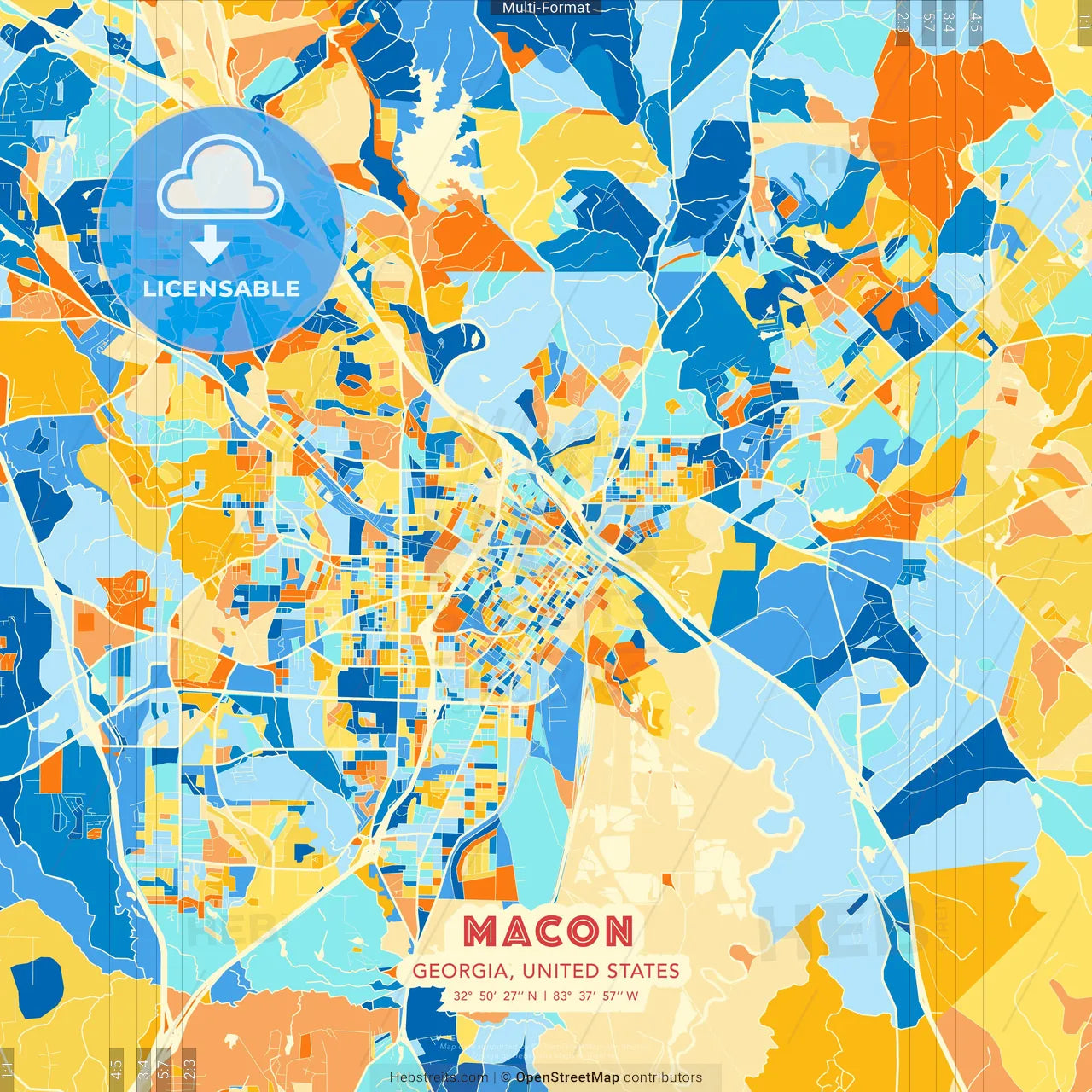 Macon, Georgia, United States blue and orange vector art map template