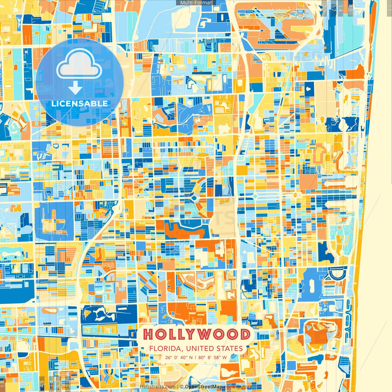 Hollywood, Florida, United States blue and orange vector art map template