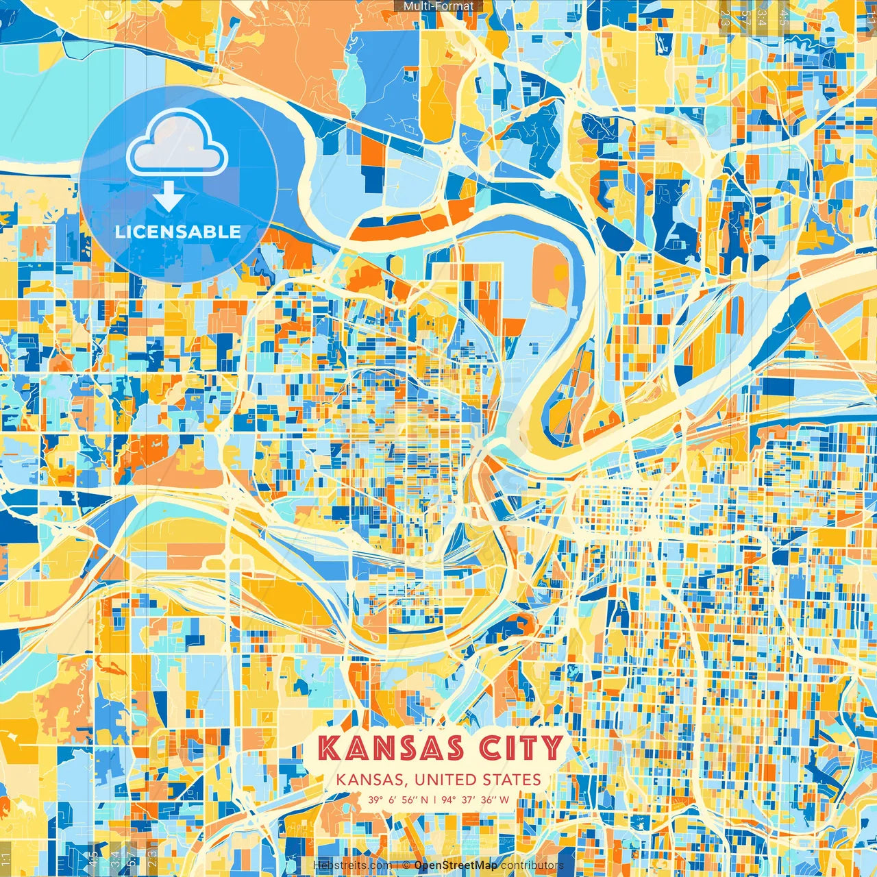 Kansas City, Kansas, United States blue and orange vector art map template