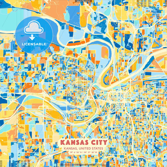 Kansas City, Kansas, United States blue and orange vector art map template