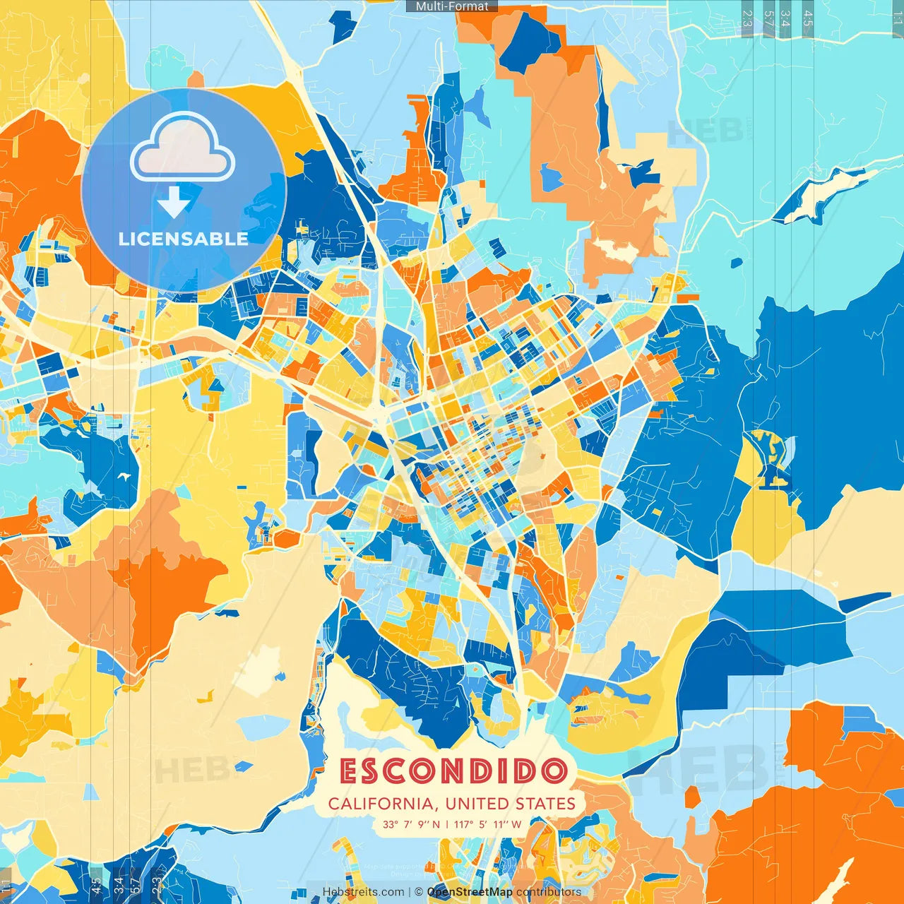 Escondido, California, United States blue and orange vector art map template