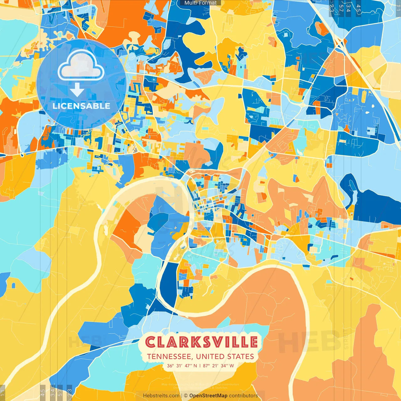 Clarksville, Tennessee, United States blue and orange vector art map template