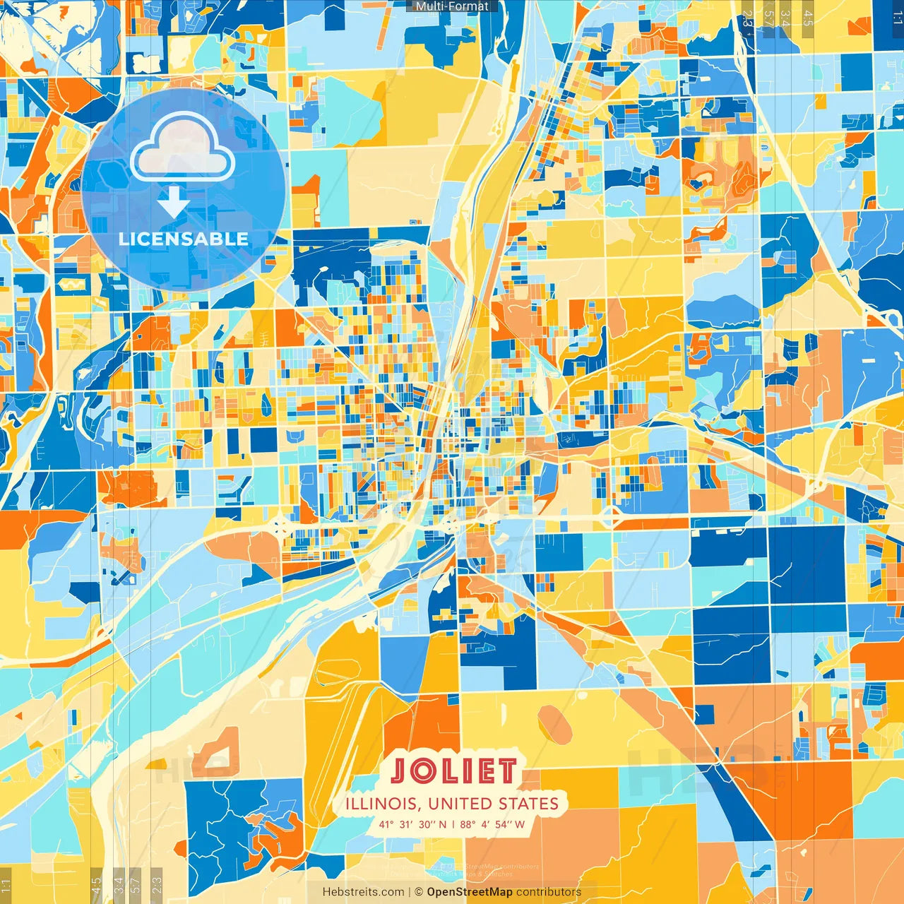 Joliet, Illinois, United States blue and orange vector art map template