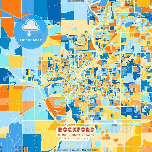 Rockford, Illinois, United States blue and orange vector art map template
