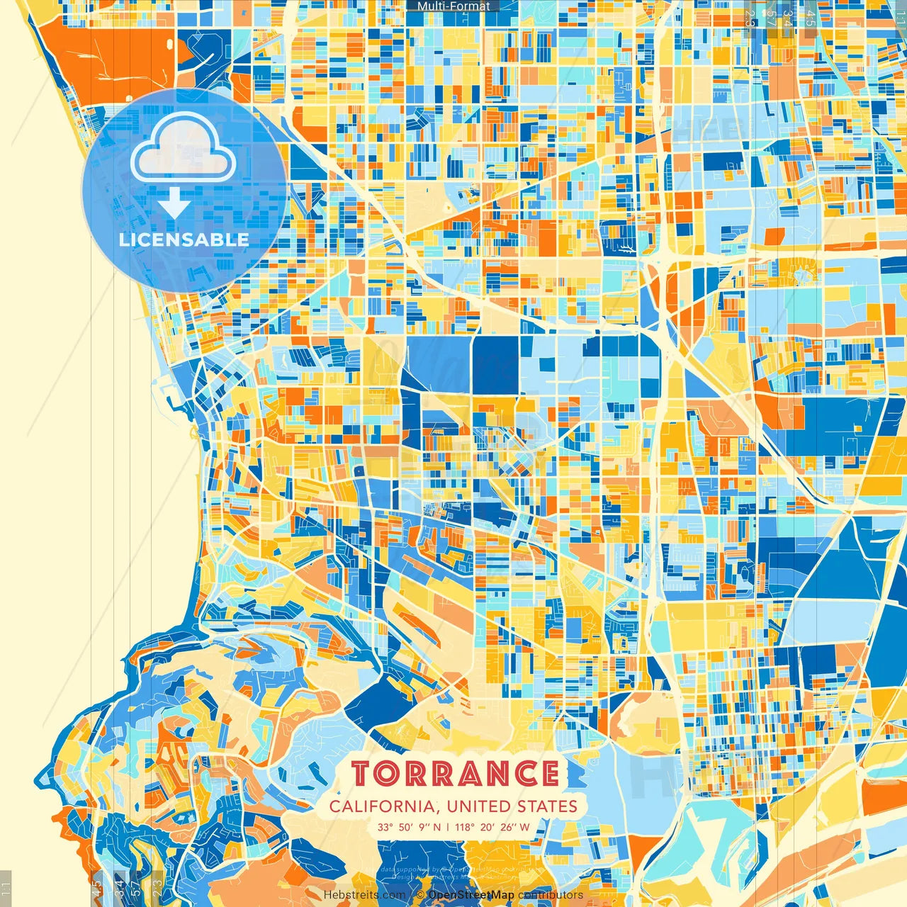 Torrance, California, United States blue and orange vector art map template