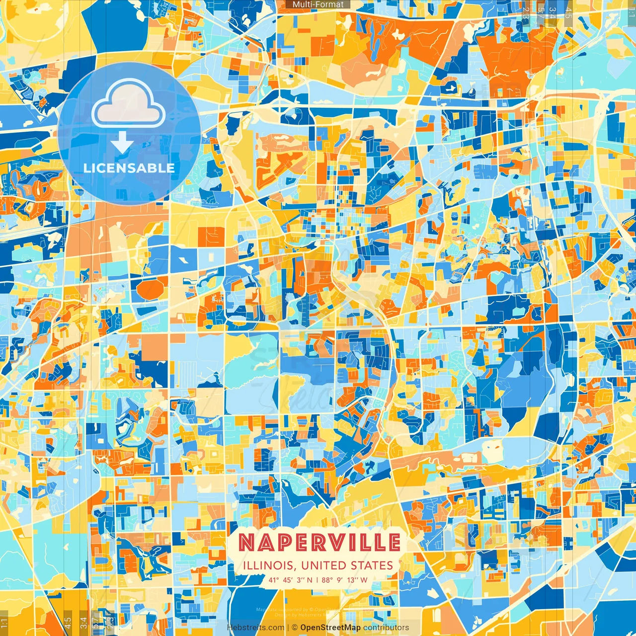 Naperville, Illinois, United States blue and orange vector art map template