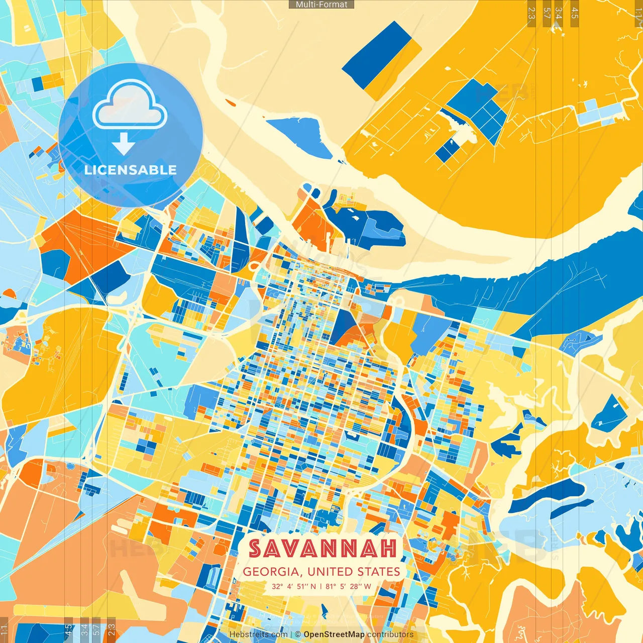 Savannah, Georgia, United States blue and orange vector art map template