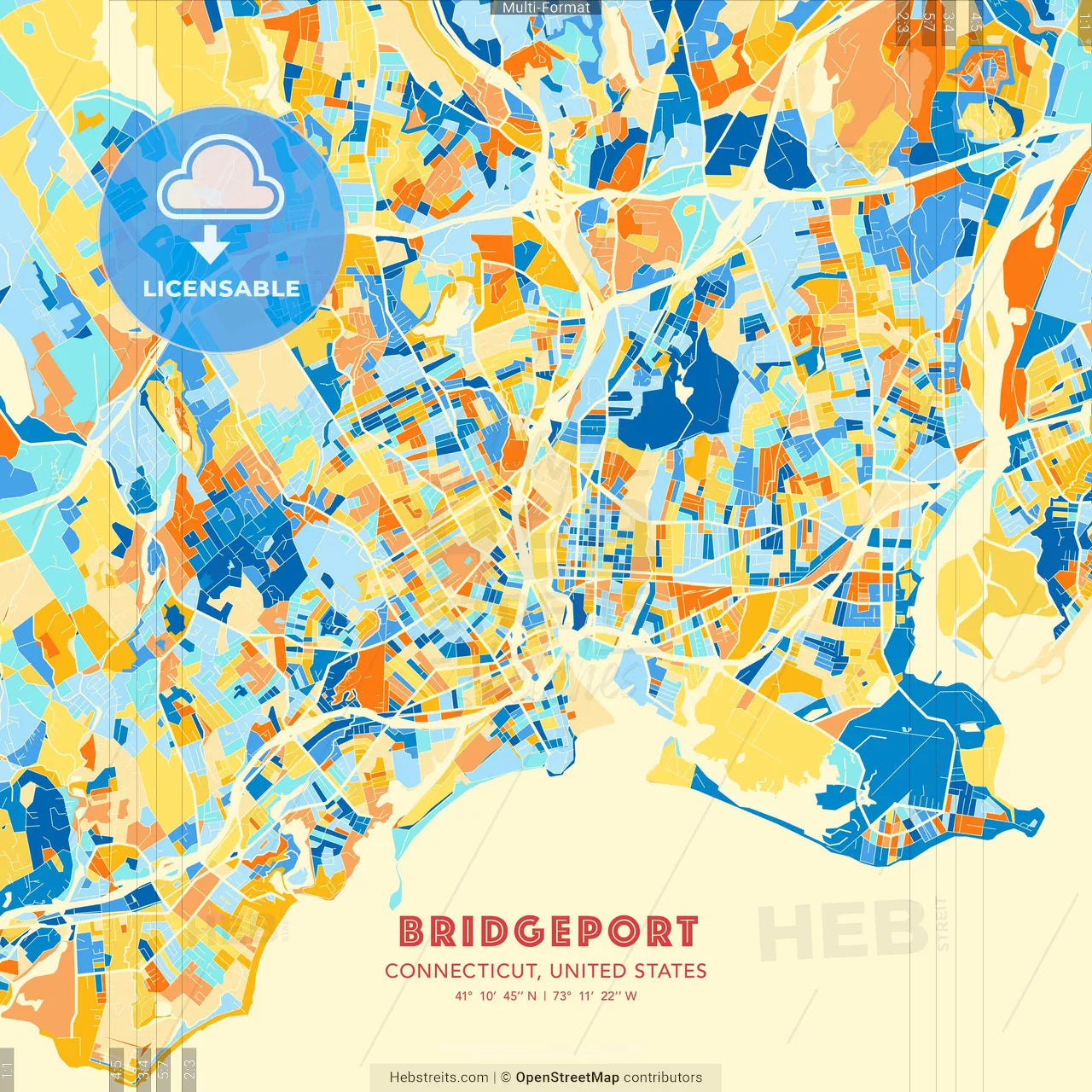 Bridgeport, Connecticut, United States blue and orange vector art map template
