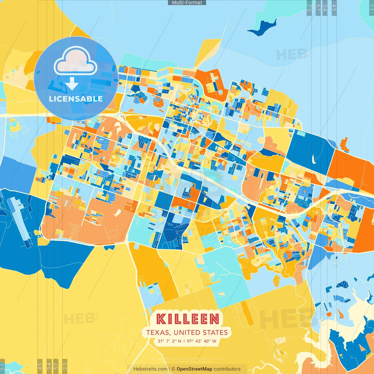 Killeen, Texas, United States blue and orange vector art map template