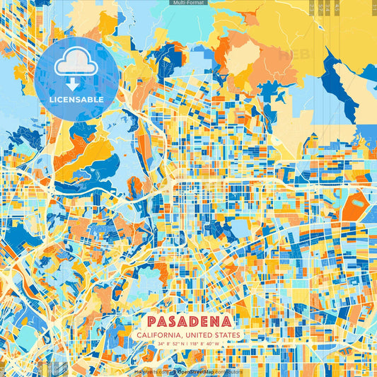 Pasadena, California, United States blue and orange vector art map template