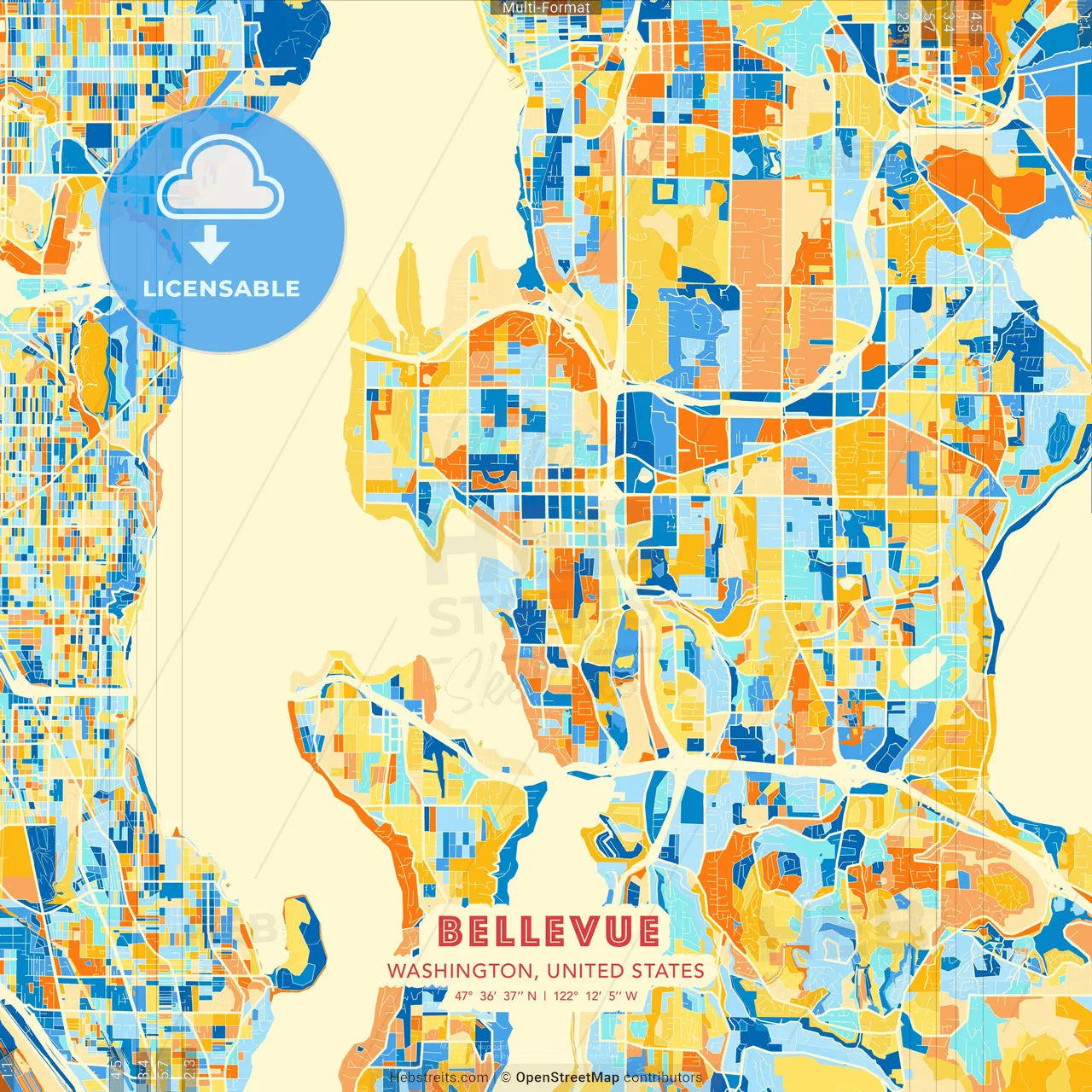 Bellevue, Washington, United States blue and orange vector art map template