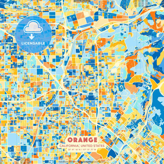 Orange, California, United States blue and orange vector art map template